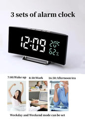 Curved Screen Digital Alarm Clock Temperature Date 2 Levels Brightness Adjustment Snooze Table Clock 12/24H Night Mode LED Clock