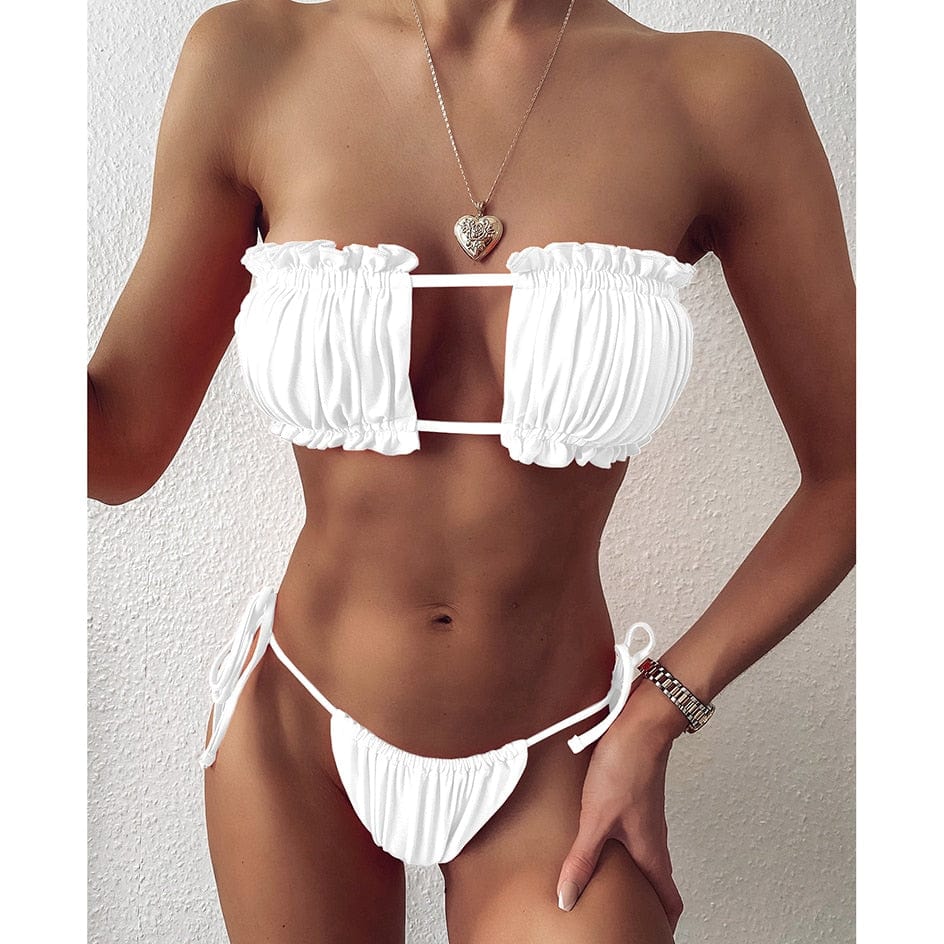 Sexy Bikini 2023 Pleated Bandeau Swimsuit Female Swimwear Women Mini Thong Bikini Set Bather Swimming Beachwear for Bathing Suit