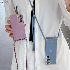 Love Heart Crossbody Lanyard Strap Phone Case For Samsung Galaxy S21 S20 S22 S23 S10 S9 S8 Note 10 20 Plus Ultra S20 Fe Cover