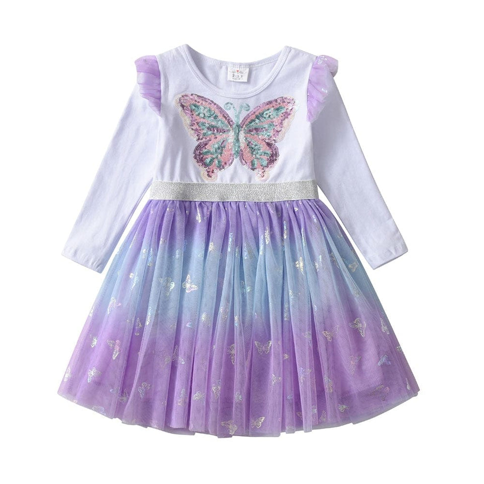 VIKITA Autumn Girls Dress Butterfly Sequins Kids Long Sleeve Dresses Baby Girls Princess Dress Party Clothes Birthday Dresses