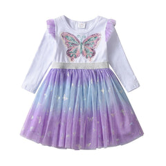 VIKITA Autumn Girls Dress Butterfly Sequins Kids Long Sleeve Dresses Baby Girls Princess Dress Party Clothes Birthday Dresses