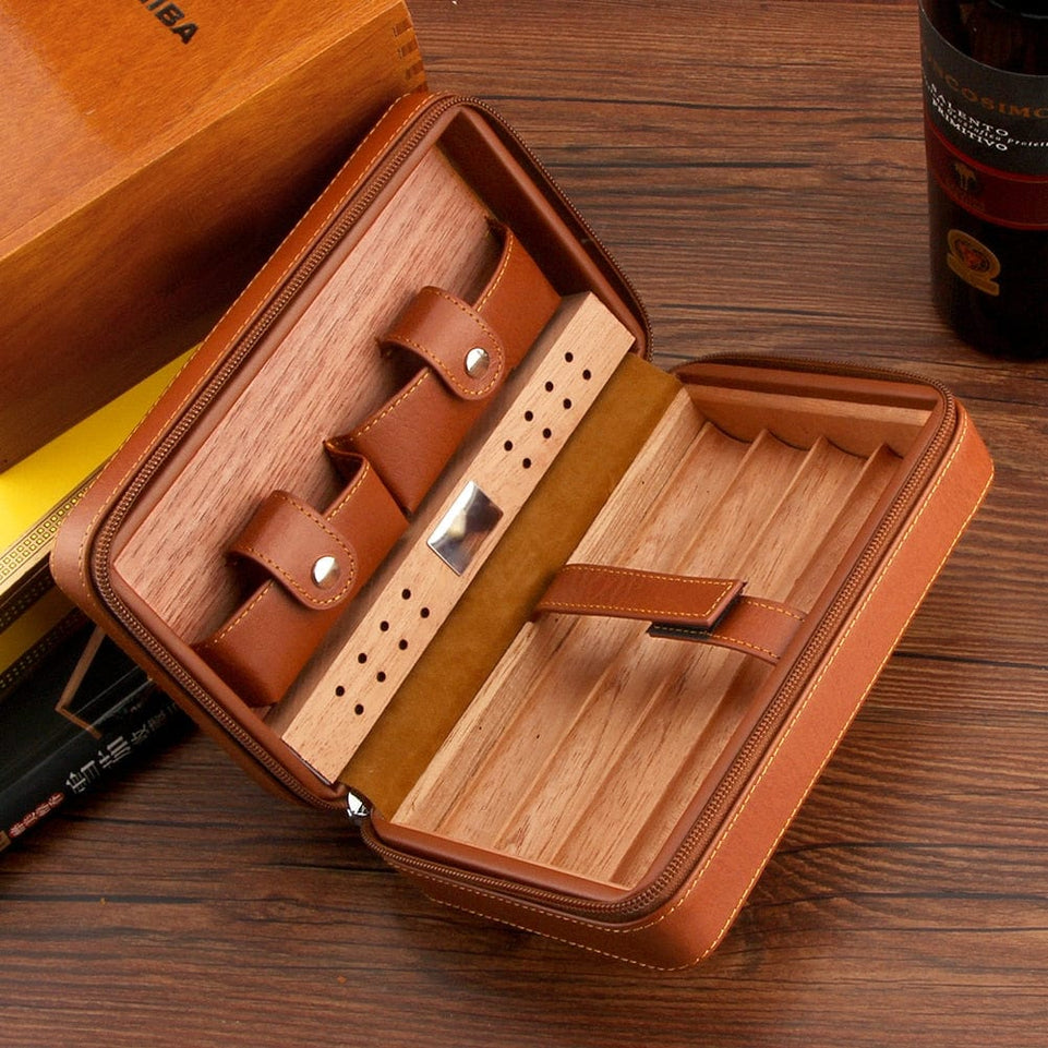 GALINER Charuto Cedar Wood Cigar Humidor Box Travel Leather Cigar Case Storage 4 Cigars Box Humidor Humidifier For Sigar