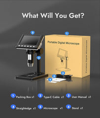 4.3'' Digital Microscope 1600X USB Microscope 1080p Soldering Microscope with 8 LEDs Compatible with Windows/Mac OS (DM7)