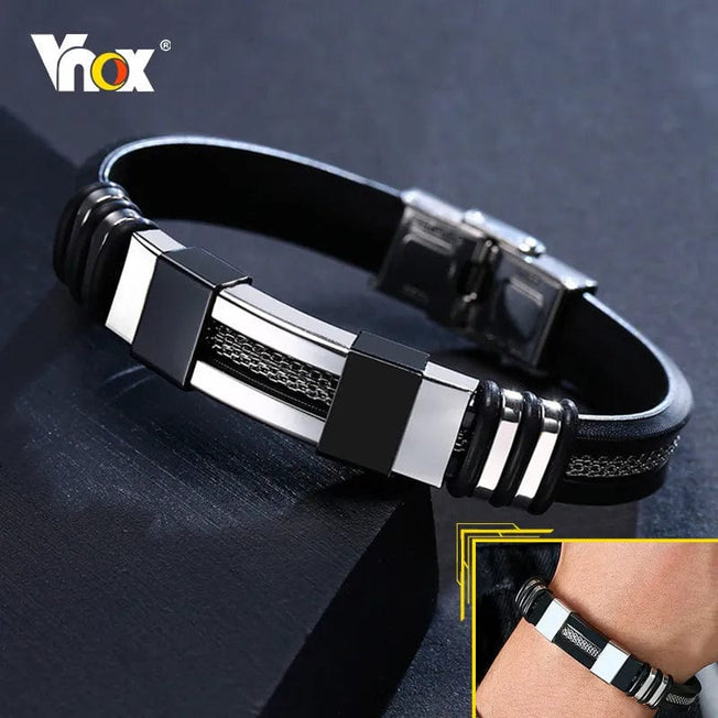 Stainless Steel Bracelet Men Wrist Band Black Grooved Rudder Silicone Mesh Link Insert Punk Wristband Stylish Casual Bangle