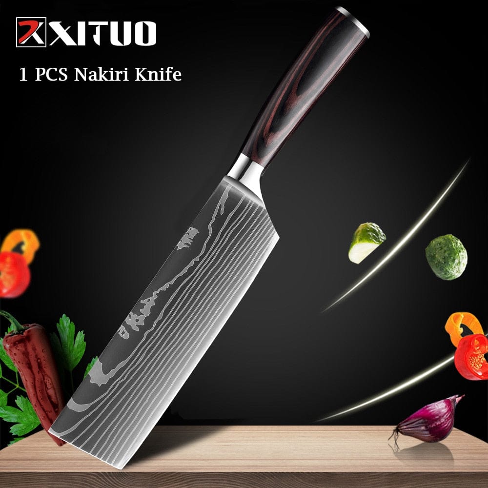 XITUO Chef knife 1-10 Pcs Set Kitchen Knives Laser Damascus Pattern Sharp Japanese Santoku Knife Cleaver Slicing Utility Knife - Wowza