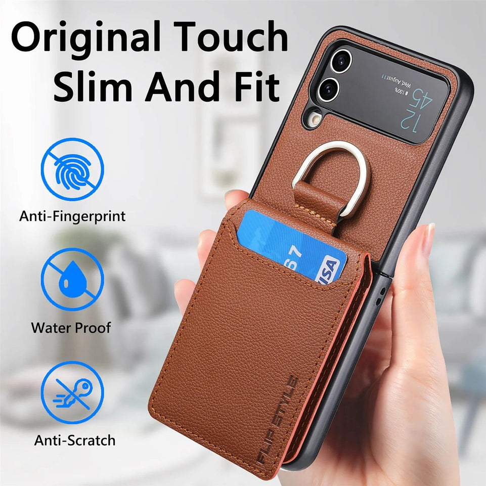 Wallet Phone Case For Samsung Z Flip 4 Finger Ring Card Holder Stand Shockproof Lychee Pattern PU Leather Cover For Z Flip 1 2 3