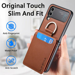 Wallet Phone Case For Samsung Z Flip 4 Finger Ring Card Holder Stand Shockproof Lychee Pattern PU Leather Cover For Z Flip 1 2 3