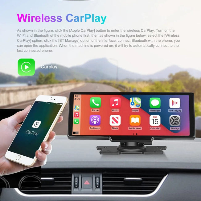 Car Mirror Video Recording Carplay & Android Auto Wireless Connection GPS Navigation Dashboard DVR AI Voice