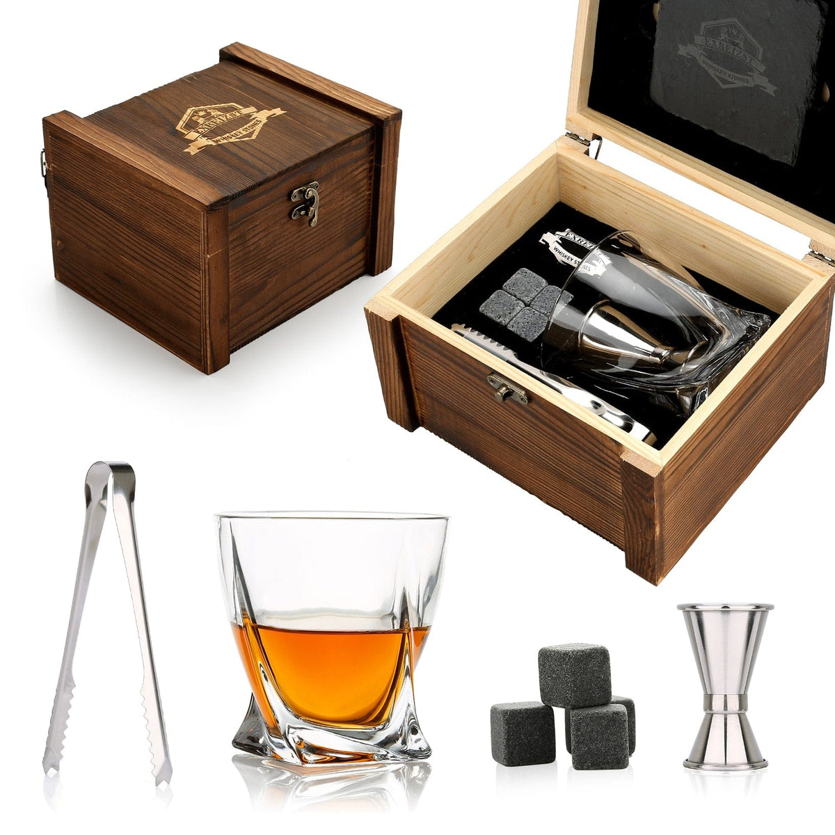 Whiskey Stones & Glasses Set, Granite Ice Cube For Whisky, Whiski Chilling Rocks In Wooden Box, Best Gift For Dad Husband Men - Wowza