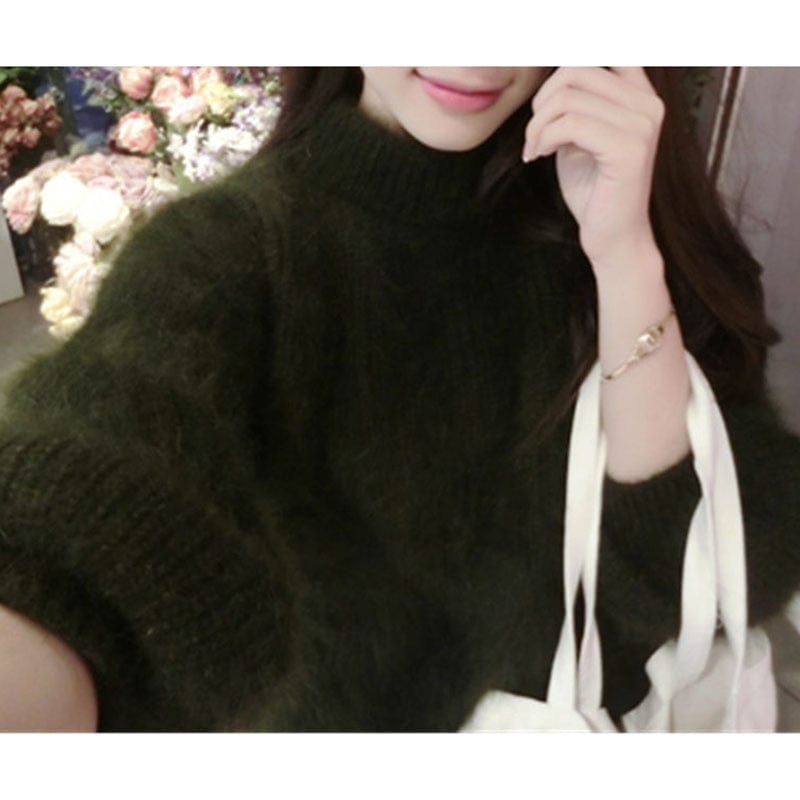 White Mohair Thicken Turtleneck Sweater Autumn Winter Sweet Fashion Lantern Sleeve Casual Solid Color Pullover pull femme