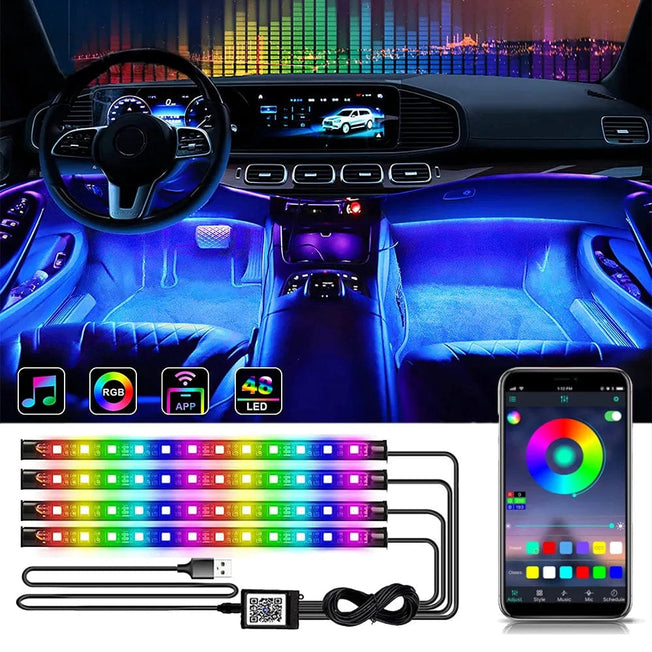 LED Car Interior Neon 48 72  Ambient Foot Light with USB Wireless Remote Music App Control Auto RGB Atmosphere Decorative Lamps