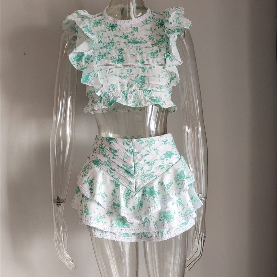 High Quality 2023 Sunday Set elastic waistband Cropped top with ruffle detail and cute ruffle mini shorts skirts