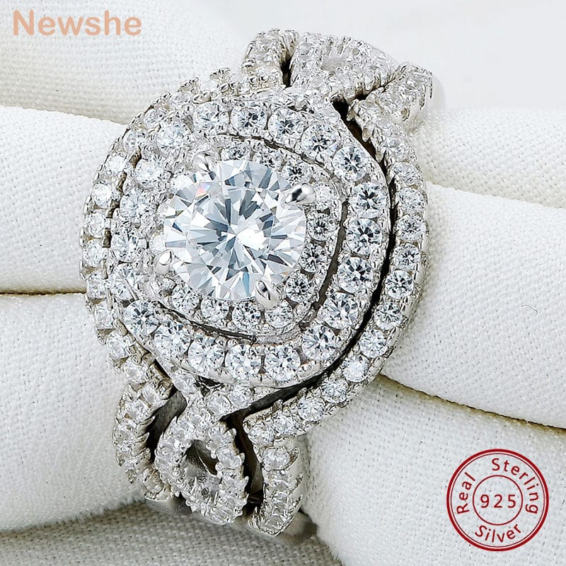Newshe Wedding Rings Set for Women 3Pcs Stackable 925 Sterling Silver Bridal Luxury Jewelry Halo Round Cut AAAAA Cubic Zircon