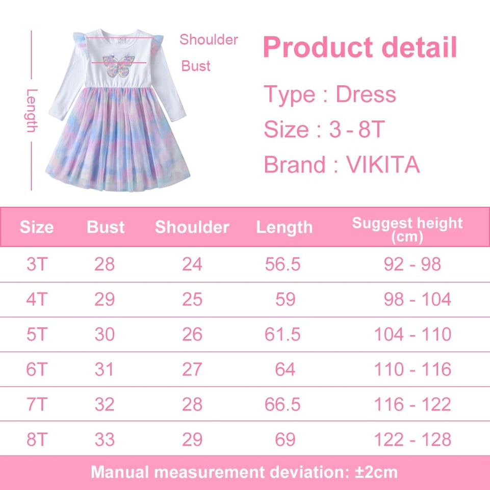 VIKITA Autumn Girls Dress Butterfly Sequins Kids Long Sleeve Dresses Baby Girls Princess Dress Party Clothes Birthday Dresses