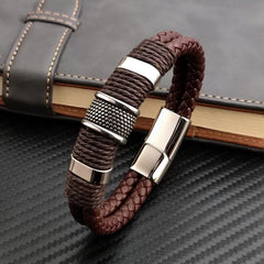 Vintage Multilayer Brown Genuine Leather Men Bracelet Stone Bead Bracelet Stainless Steel Jewelry Male Wrist Bangle Gift