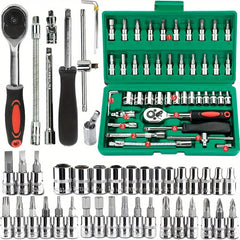 46pc Ratchet Wrench Set Drive Socket Set 1/4 inch with Sockets Metric Hex Bit Socket Set Mechanic Tool Kit