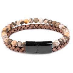 Natural Stone Bracelets Genuine Leather Braided Bracelets Black Stainless Steel Magnetic Clasp Tiger eye Bead Bangle Men Jewelry