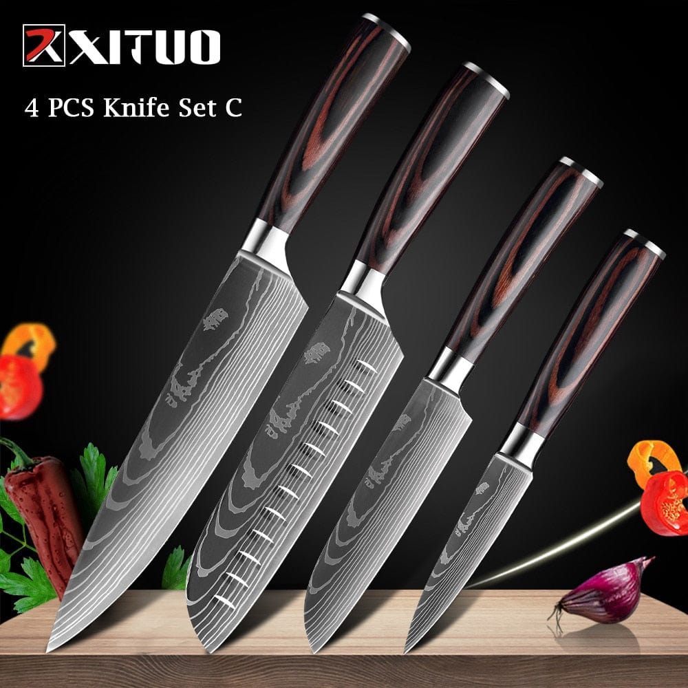 XITUO Chef knife 1-10 Pcs Set Kitchen Knives Laser Damascus Pattern Sharp Japanese Santoku Knife Cleaver Slicing Utility Knife - Wowza