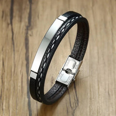 Trendy Men Leatherwear Weave Bracelet Leisure Colour Contrast Stainless Steel Bangle