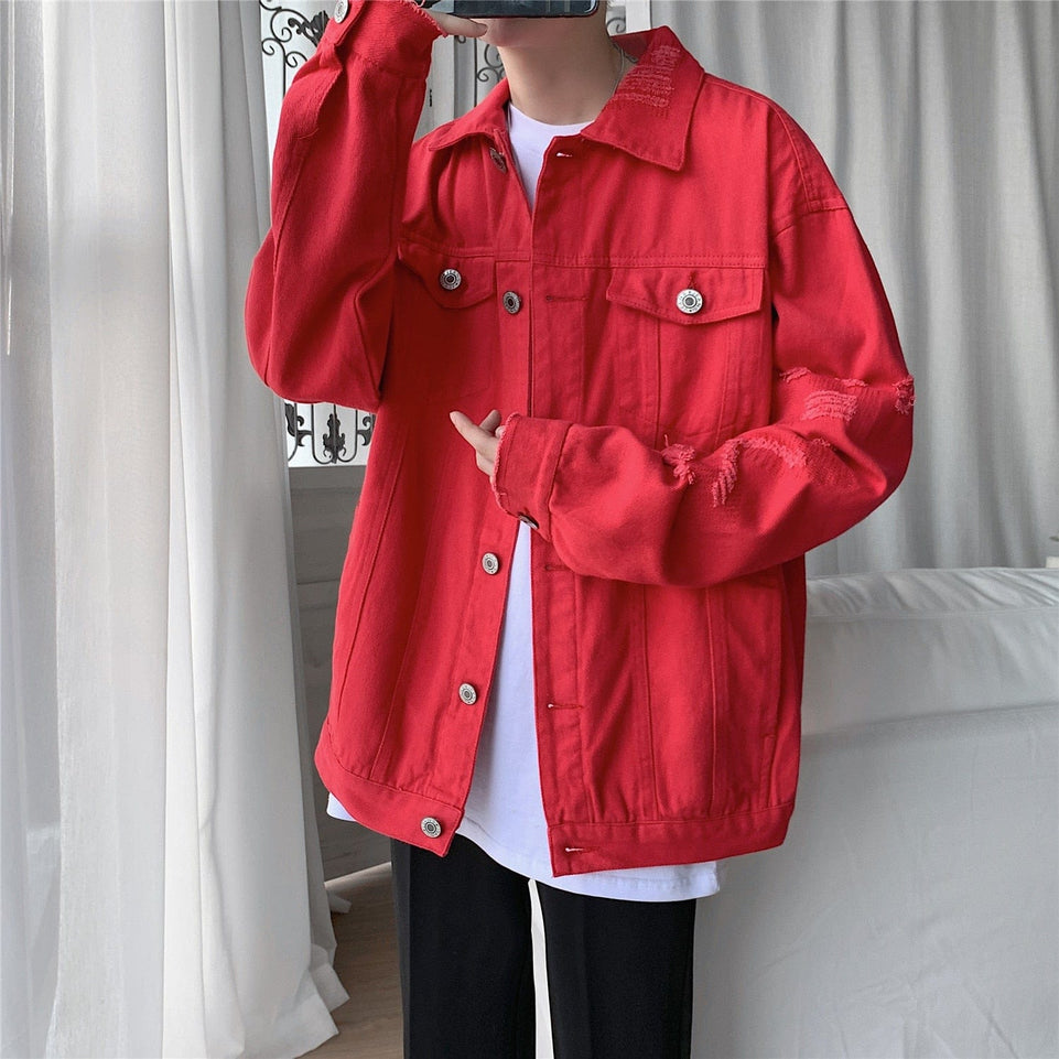 Spring Autumn New Men's Jean Jacket Slim Fit Cotton Denim Jacket Red White Black Ripped Hole Jean Coats Men Outwear Plus size