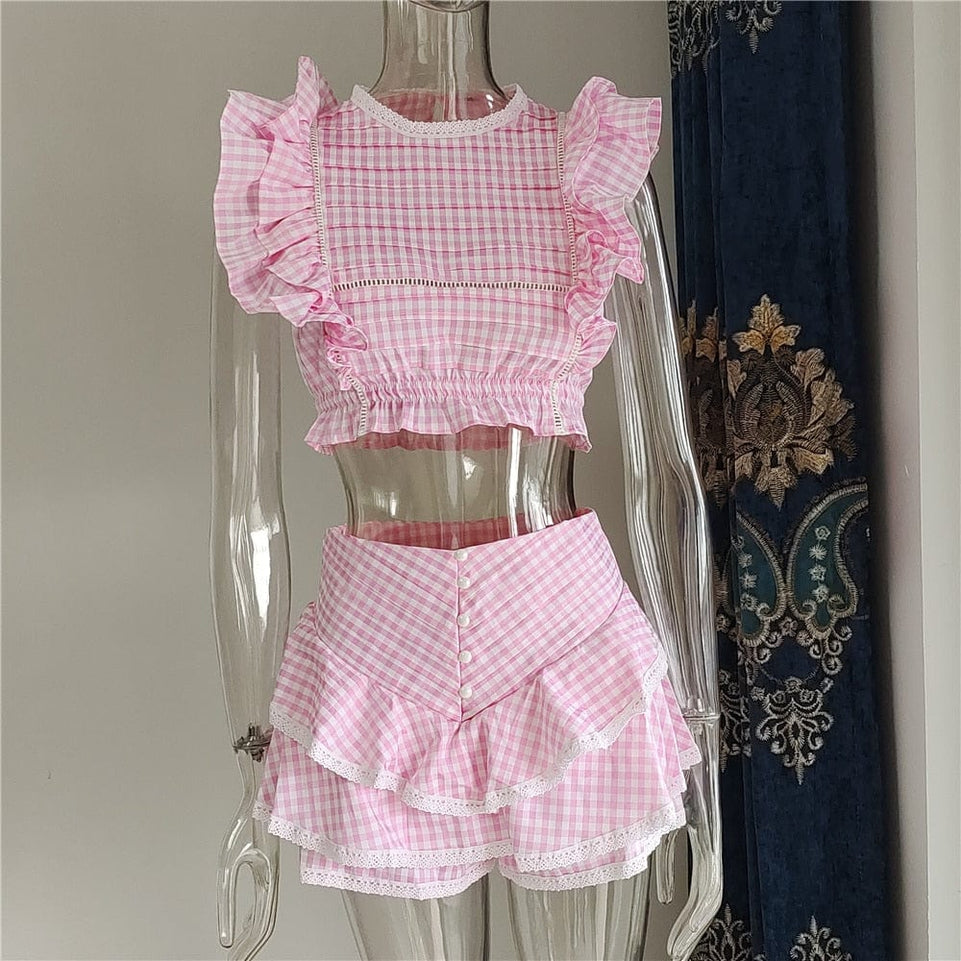 High Quality 2023 Sunday Set elastic waistband Cropped top with ruffle detail and cute ruffle mini shorts skirts