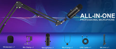 USB Streaming Podcast PC Microphone Studio Cardioid Condenser Mic Kit with Boom Arm For Recording Twitch YouTube