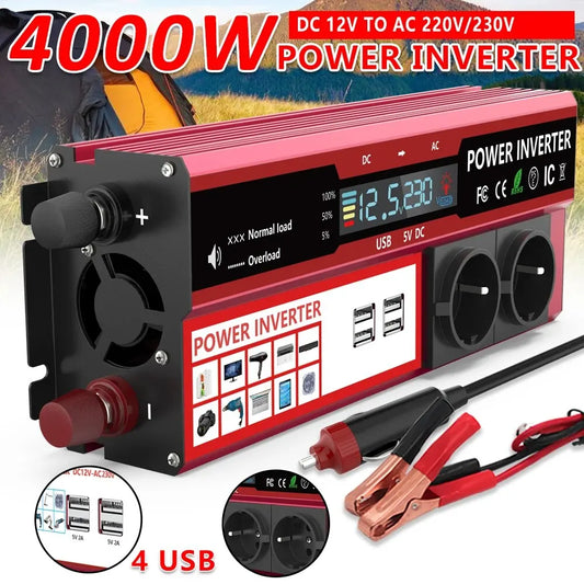 Power Inverter DC 12V To AC 220V 230V Transformer with 4 USB EU Socket Charge with LED Display for RV Phone Car