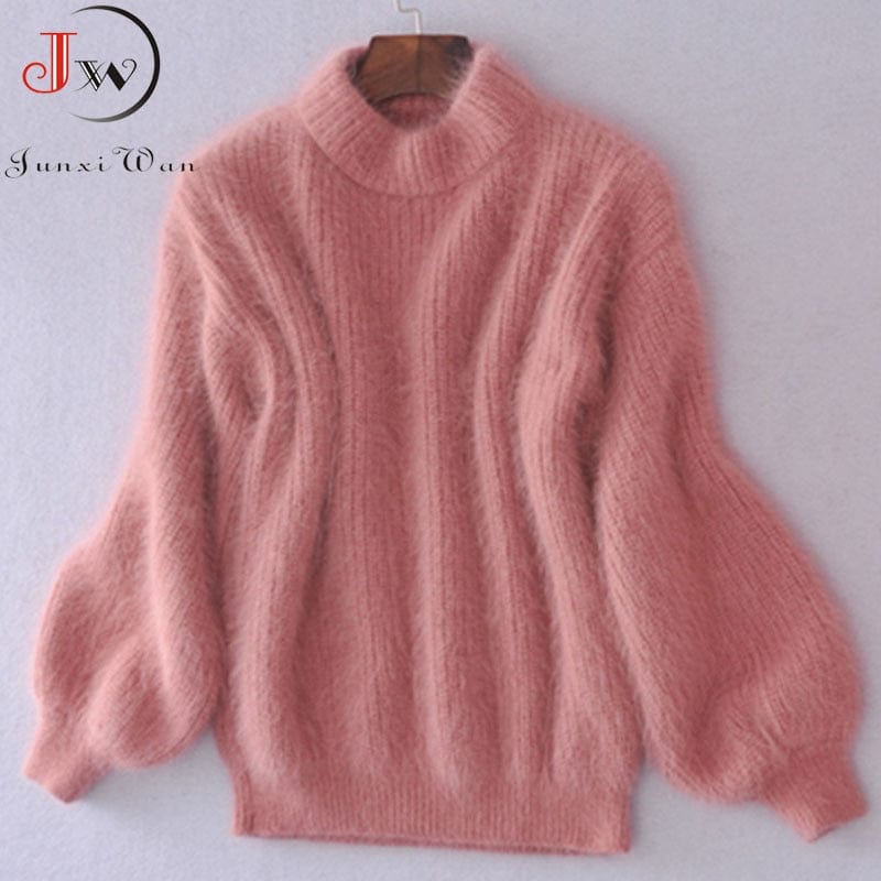 White Mohair Thicken Turtleneck Sweater Autumn Winter Sweet Fashion Lantern Sleeve Casual Solid Color Pullover pull femme