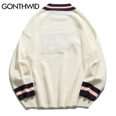 GONTHWID Bear Patchwork Striped Knitted Jumpers Sweaters Streetwear Hip Hop Harajuku Casual Pullover knitwear Mens Fashion Tops