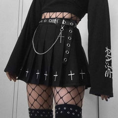 Black High Waist Mini Skirts Punk Pleated Vintage Skirt Gothic Streetwear Cross Print Pleated Women Skirts Lolita Harajuku Skirt