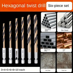 A set of hexagonal shank titanium coated high-speed steel cobalt bits for metal, wood, copper, aluminum, stainless steel