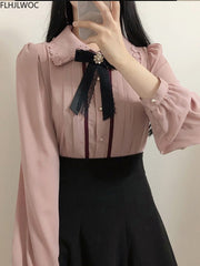 2022 Spring Women's Cute Tops Preppy Style Vintage Japaneses Korea Design Button Elegant Formal Shirts Blouses Pink White 12020