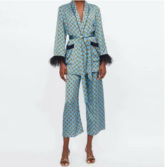 Women's Suits Sunc Spring LOOSE Blue Printed Kimono Jacket with Feather Sleeves Wide Leg Pants Two-piece Viintage Clothing Suits