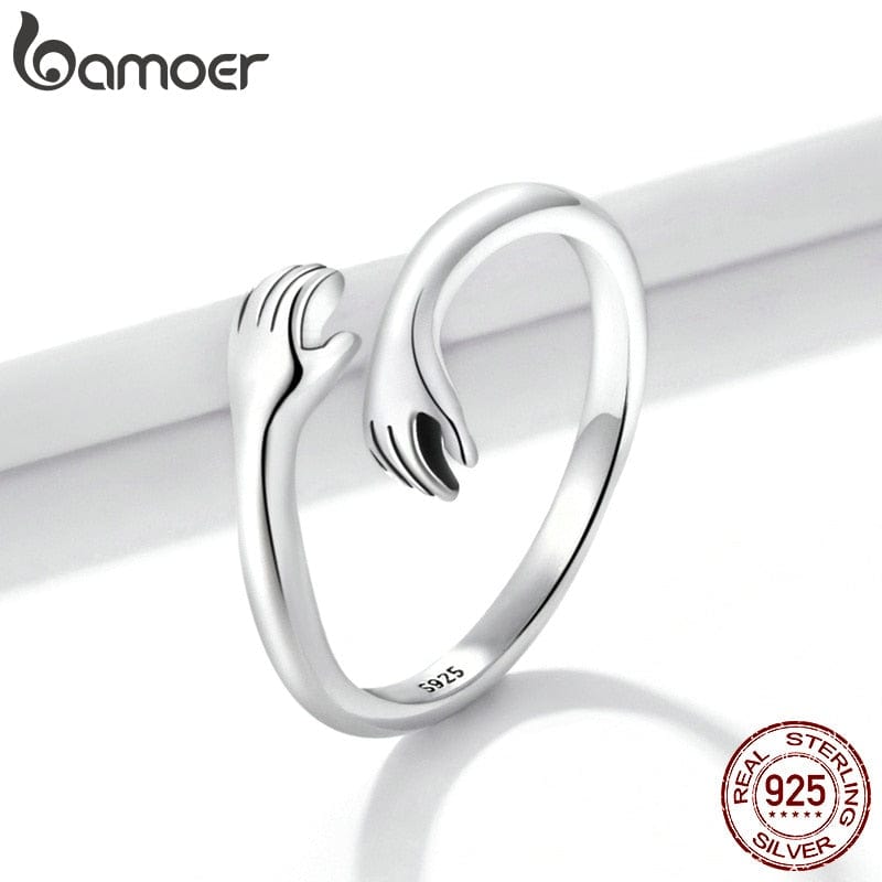 bamoer 925 Sterling Silver Hug Warmth and Love Hand Adjustable Ring for Women Party Jewelry, His Big Loving Hugs Ring 3 Colors