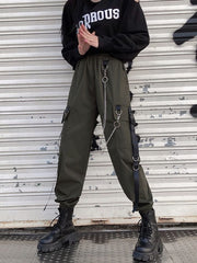 Women Cargo Pants  Harem Pants Fashion Punk Pockets Jogger Trousers With Chain Harajuku Elastics High Waist Streetwear