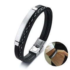 Trendy Men Leatherwear Weave Bracelet Leisure Colour Contrast Stainless Steel Bangle