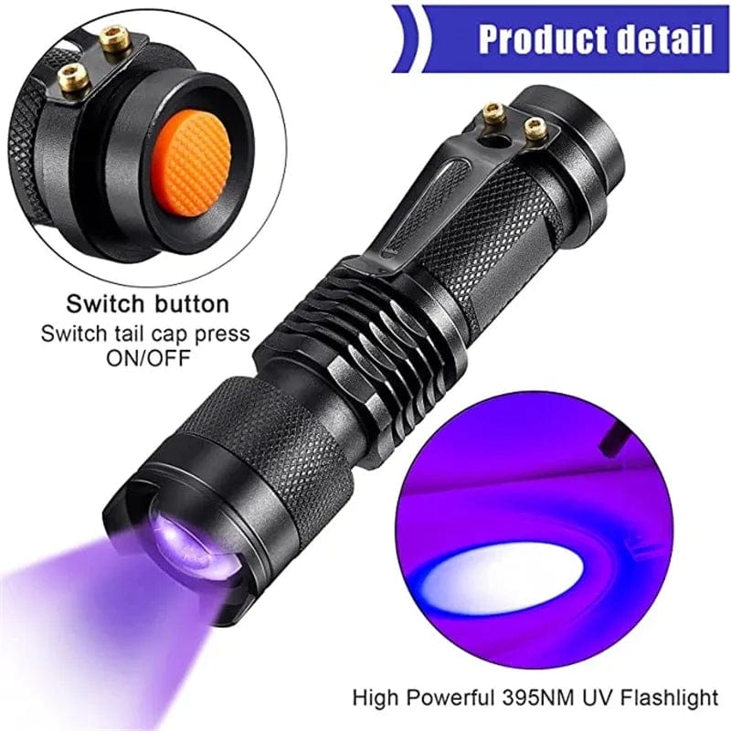 LED UV Torch Flashlight 365/395nm Portable Mini Ultraviolet Torch Waterproof Zoomable Violet Light Pet Urine Scorpion Detector UV Lamp