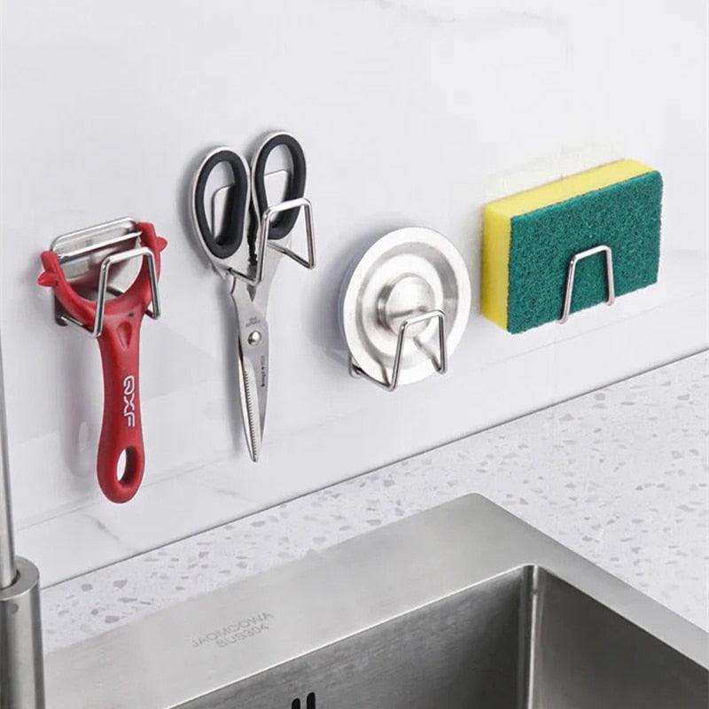 Kitchen Stainless Steel Sink Sponges Holder Self Adhesive Drain Drying Rack Kitchen Wall Hooks Accessories Storage Organizer - Wowza