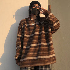 Unisex Women Striped Knit Sweater Spring Autumn Retro Hip Hop Pullovers Tops Female Oversize Ulzzang BF Couples Japanese