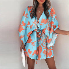 New Summer Women Elegant Dresses Sexy V Neck Lace-up Floral Printed Mini Dress Casual Flared Sleeve Irregular Ladies Party Dress