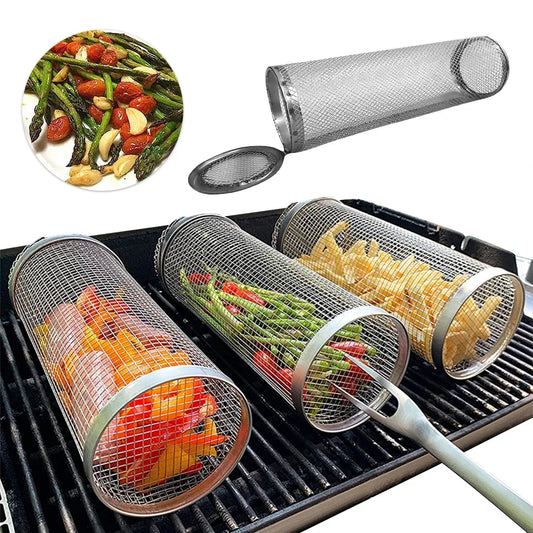 BBQ Basket Stainless Steel Rolling Grilling Basket Wire Mesh Cylinder Grill Basket Portable Outdoor Camping Barbecue Rack