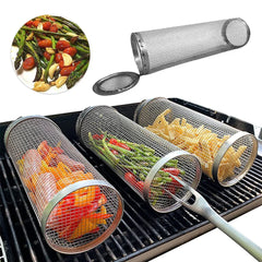 BBQ Basket Stainless Steel Rolling Grilling Basket Wire Mesh Cylinder Grill Basket Portable Outdoor Camping Barbecue Rack