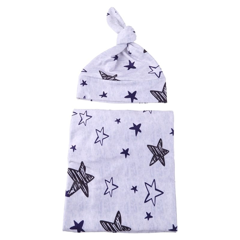 2Pcs Newborn Baby Printing Receiving Blanket Hat Set Infants Swaddle Wrap Sleeping Bag Hair Band Kit