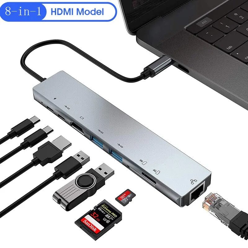 8in1 USB C HUB Type C Splitter 4K Thunderbolt 3 Docking Station Laptop Adapter For Macbook Air M1 iPad Pro RJ45 HDMI Computer