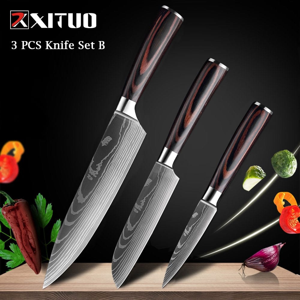 XITUO Chef knife 1-10 Pcs Set Kitchen Knives Laser Damascus Pattern Sharp Japanese Santoku Knife Cleaver Slicing Utility Knife - Wowza