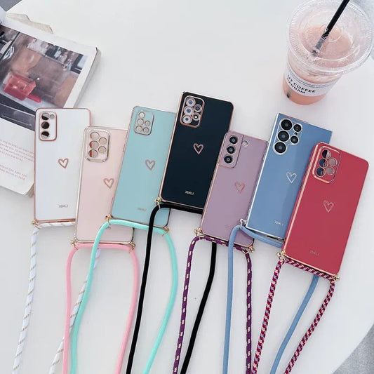 Love Heart Crossbody Lanyard Strap Phone Case For Samsung Galaxy S21 S20 S22 S23 S10 S9 S8 Note 10 20 Plus Ultra S20 Fe Cover