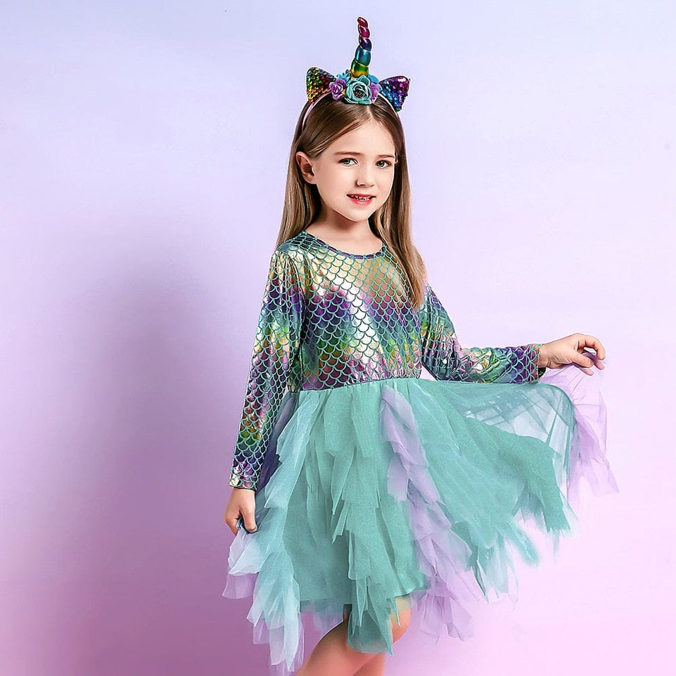 VIKITA Kids Tutu Dress for Girls Long Sleeve Party Prom Vestidos Toddlers Mermaid Unicorn Dresses Kids Princess Autumn Dress