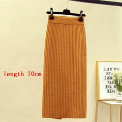 Mid-long Knitted Half-length Skirt Women's High waist One-step Skirt Autumn And Winter Hip Skirt Open-forked Elegant Skirts