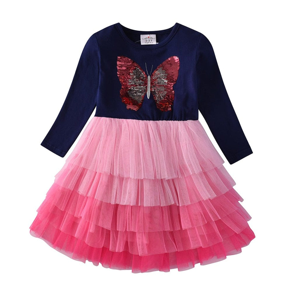 VIKITA Autumn Girls Dress Butterfly Sequins Kids Long Sleeve Dresses Baby Girls Princess Dress Party Clothes Birthday Dresses