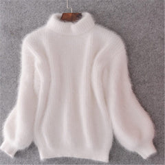 White Mohair Thicken Turtleneck Sweater Autumn Winter Sweet Fashion Lantern Sleeve Casual Solid Color Pullover pull femme